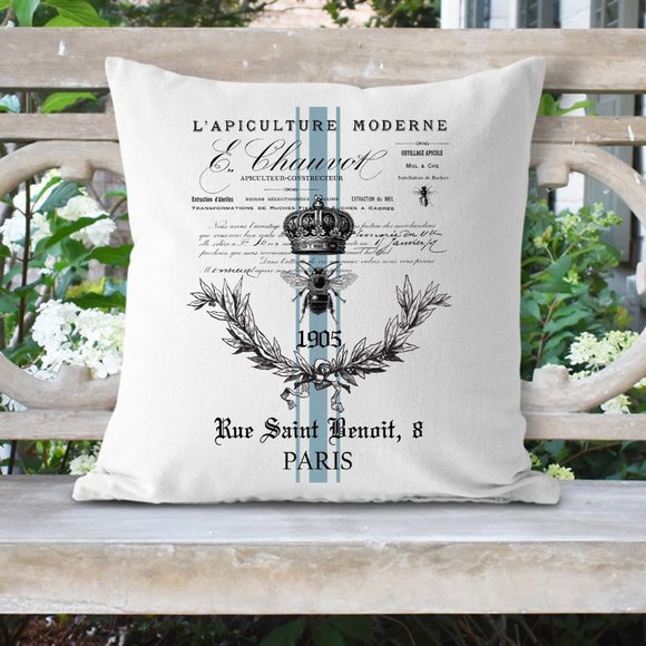 French Country Throw Pillow Cover, King Bee, Blue - Picture 1 of 4